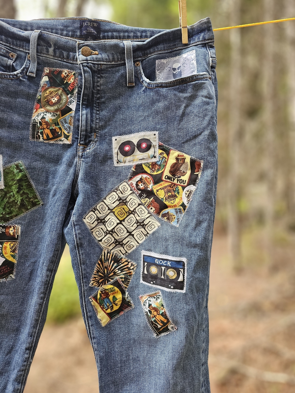 J. Crew Blue Patchwork Straight-Leg Jeans with Vintage Graphic Patches - Picture 2 of 6